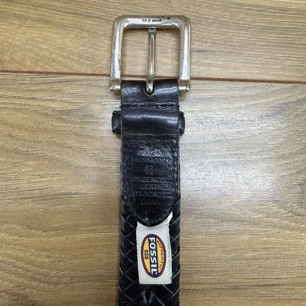 Fossil Mens Belt Size 34/85 Black Leather Woven Weave Business Casual
